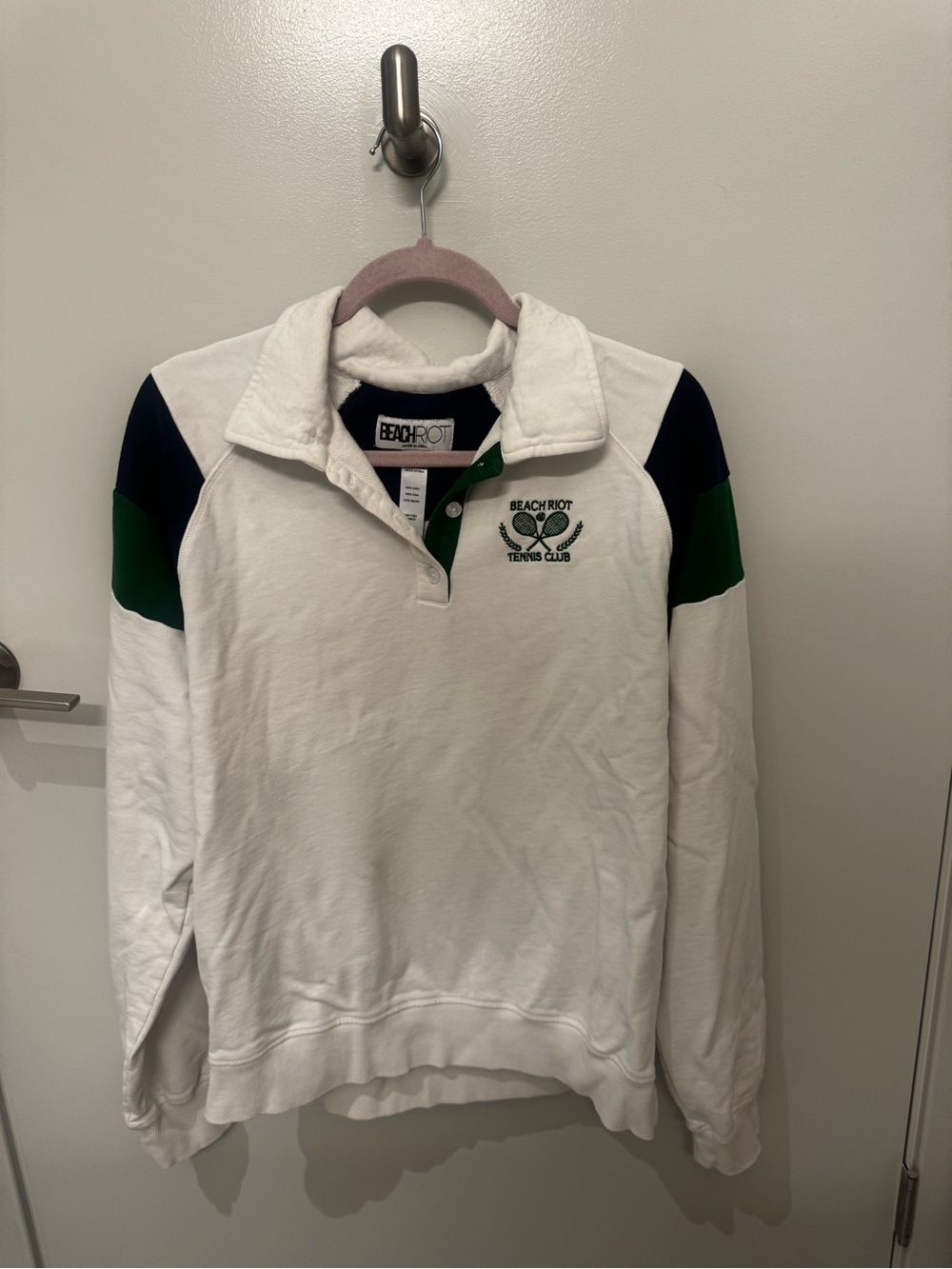 Beach Riot White Rugby Pullover with Green & Navy Accents